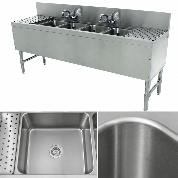 Product image #4 for Advance Tabco Prestige 84-Inch 4-Compartment Stainless Steel Underbar Sink Unit with Dual Drainboards and Faucets