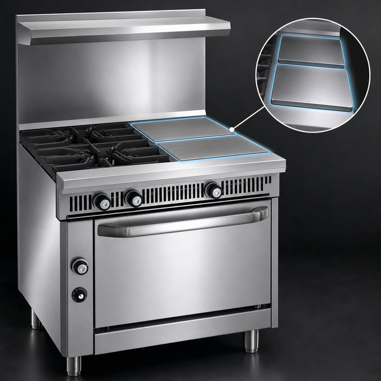 Product image #4 for Imperial Spec Series 36-Inch Heavy Duty Commercial Gas Range with 2 Open Burners and 2 Hot Tops, Open Cabinet Base