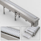 Thumbnail image #4 for Dinex DXIESSB18 18 ft Stationary Motorized Tray Make-Up Conveyor with Lexan Slat Belt, Variable Speed, and Stainless Steel Frame