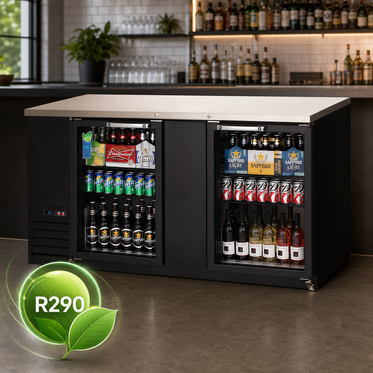 Product image #4 for Everest Refrigeration EBB69G Two-Section Glass Door Back Bar Refrigerator, 68 Inch, 24 Cu. Ft., Self-Contained Side-Mounted