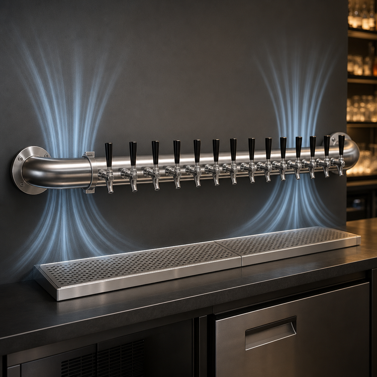 Product image #4 for Glastender Pipe Wall Draft Dispensing Tower, 14 Faucets, Wall Mount, Air Cooled, Mirror Finish