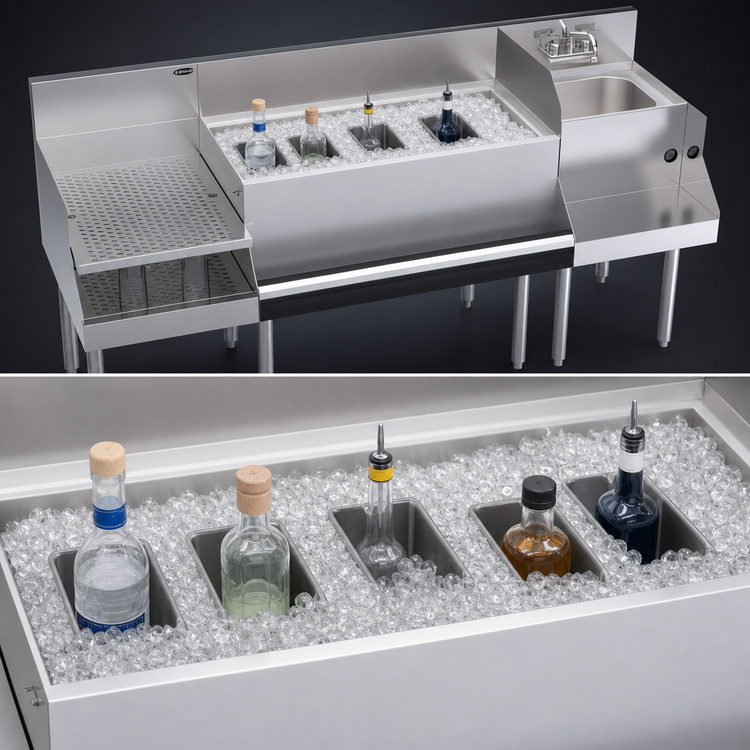 Product image #4 for Krowne Royal Series 72-Inch Underbar Ice Bin/Cocktail Station with Recessed Drainboard, 36-Inch Ice Bin, 18-Inch Blender Station with Dump Sink, 10-Circuit Cold Plate, and 110-Lb Ice Capacity
