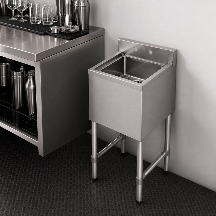 Product image #4 for Omcan USA 1-Compartment Under Bar Sink with 10 x 14 x 10 Inch Bowl, 3 Inch Backsplash, No Drainboard, and Galvanized H-Frame Legs