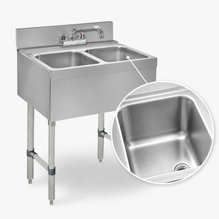 Product image #4 for Advance Tabco Underbar Basics 2-Compartment Stainless Steel Bar Sink with Deck-Mount Faucet, No Drainboards, 24-Inch Wide