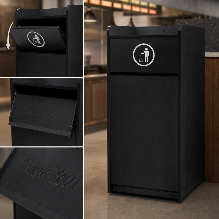 Product image #4 for Omcan 36-Gallon Cabinet-Style Trash Receptacle with Swing Door and Tray Holder, Black