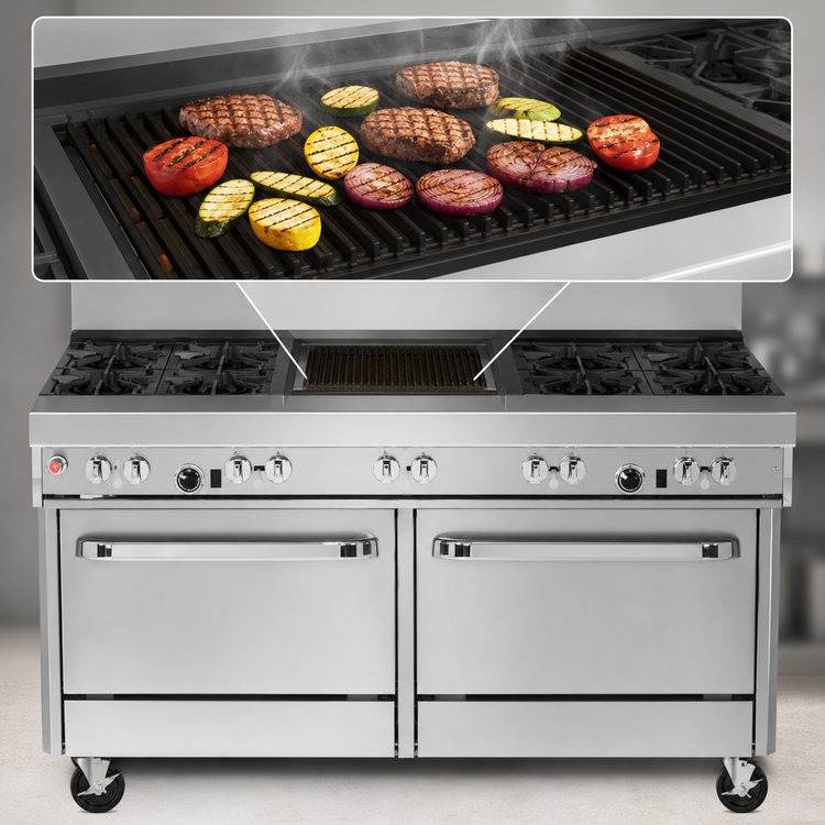 Product image #4 for Ultimate 60-Inch Commercial Gas Restaurant Range with 5 Open Burners, 24-Inch Charbroiler and 2 Convection Ovens