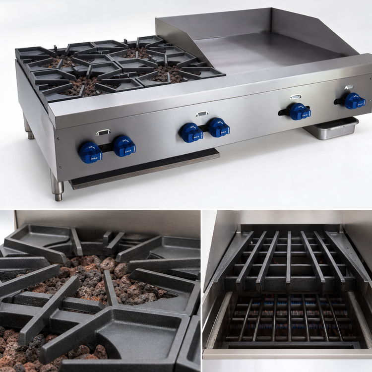 Product image #4 for Comstock-Castle FHP48-2LB-24B 48-Inch Countertop Gas Char-Broiler/Griddle-Cheesemelter Combination with 24-Inch Griddle, 24-Inch Lava Rock Broiler and 18-Inch Cheesemelter Rack