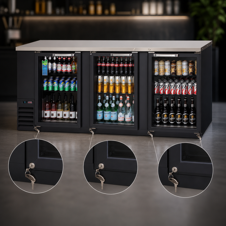 Product image #4 for Everest Refrigeration Three-Section Glass Door Back Bar Cooler, 89-1/4 Inch, 32 Cu. Ft., Stainless Steel Top, Black Exterior