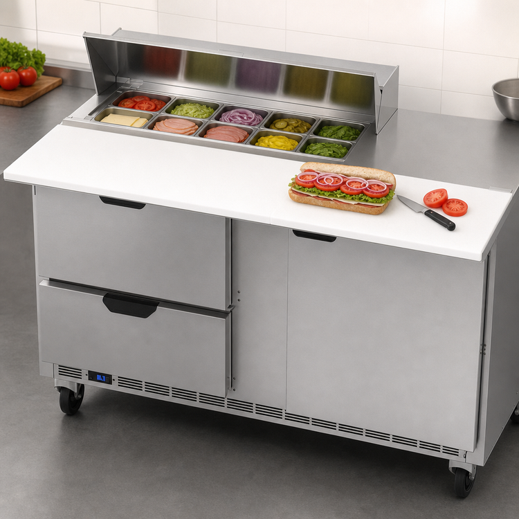 Product image #5 for Beverage-Air 60-Inch Two-Section Sandwich Top Refrigerated Counter with 1 Door, 2 Drawers, and 10-Pan Top
