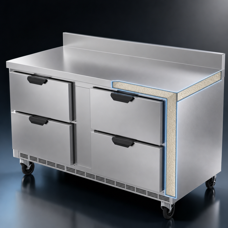 Product image #4 for Beverage-Air 60-Inch Two-Section Worktop Freezer with 4 Drawers and Foamed-In-Place Backsplash