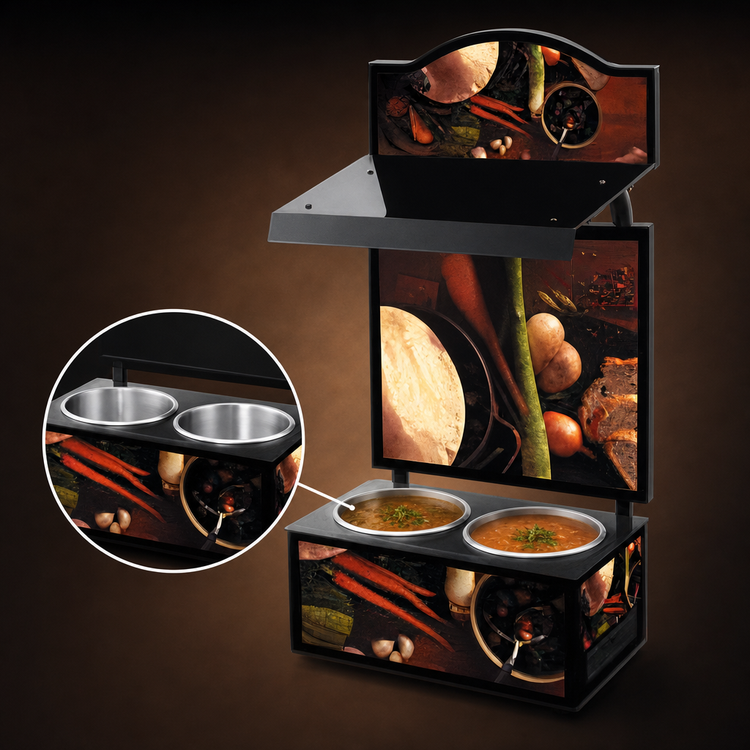 Product image #4 for Vollrath Cayenne Twin Well Soup Merchandiser with Menu Board, Lighted Canopy, and Tuscan Graphics