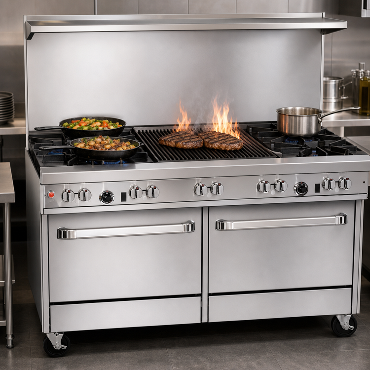 Product image #4 for Ultimate 60-Inch Gas Restaurant Range with 4 Open Burners, 24-Inch Charbroiler, and 2 Convection Ovens