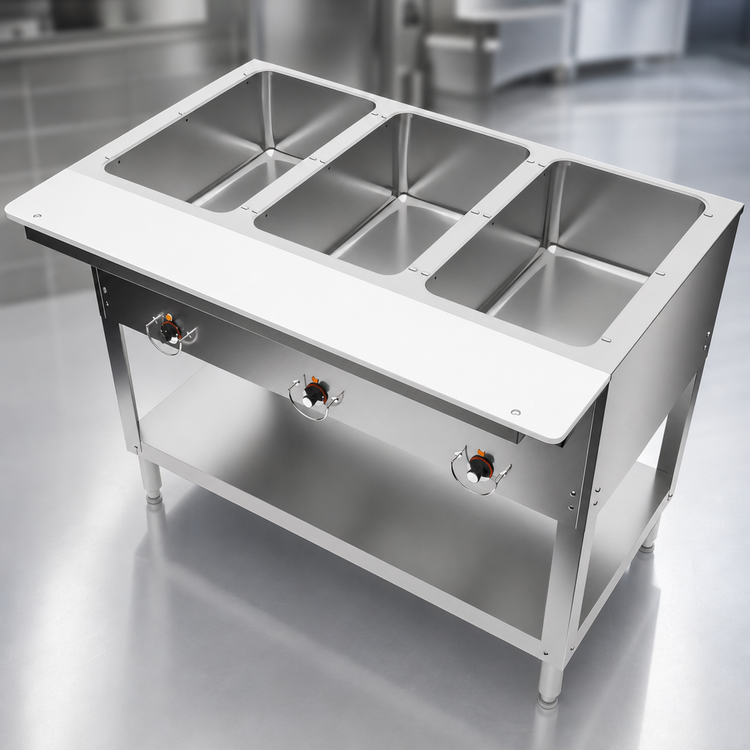 Product image #4 for BK Resources ST-SW-3 Electric 3-Pan Stainless Steel Steam Table with Cutting Board Shelf