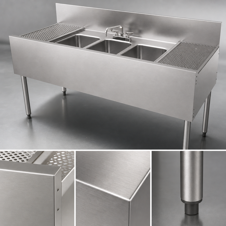 Product image #5 for Top Shelf TSF Series Three-Compartment Stainless Steel Underbar Sink Unit with Left and Right Drainboards, 60 x 24 Inch