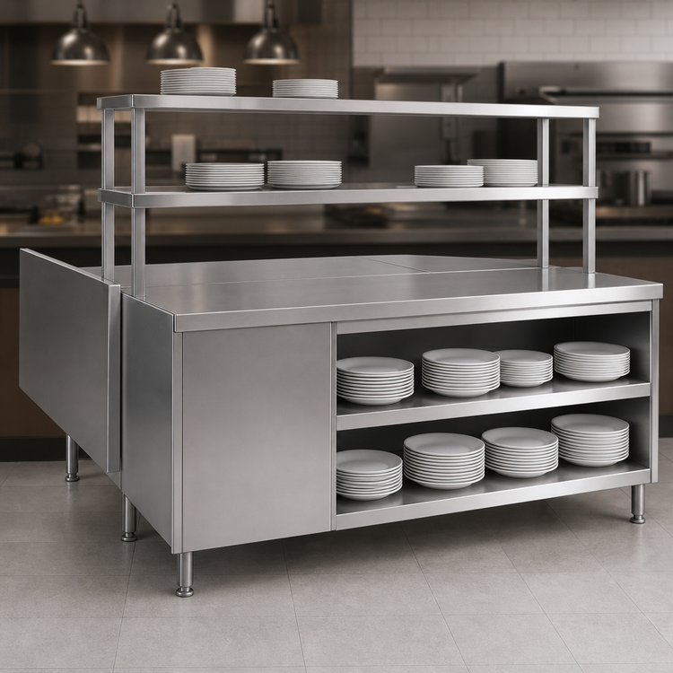 Product image #4 for Randell Modular Center-Section Chef Service Counter with Plate Storage Cabinet, Double Overshelf, and Wing Wall, 65-1/2 Inch, Stainless Steel