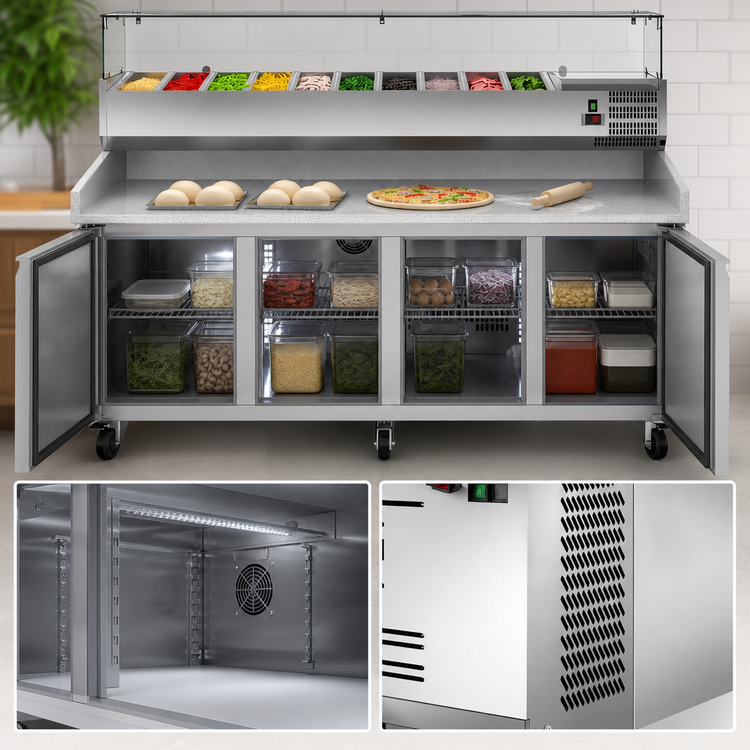 Product image #4 for KoolMore Commercial 79.5-Inch Granite Top Refrigerated Pizza Prep Counter, 3-Section, Stainless Steel