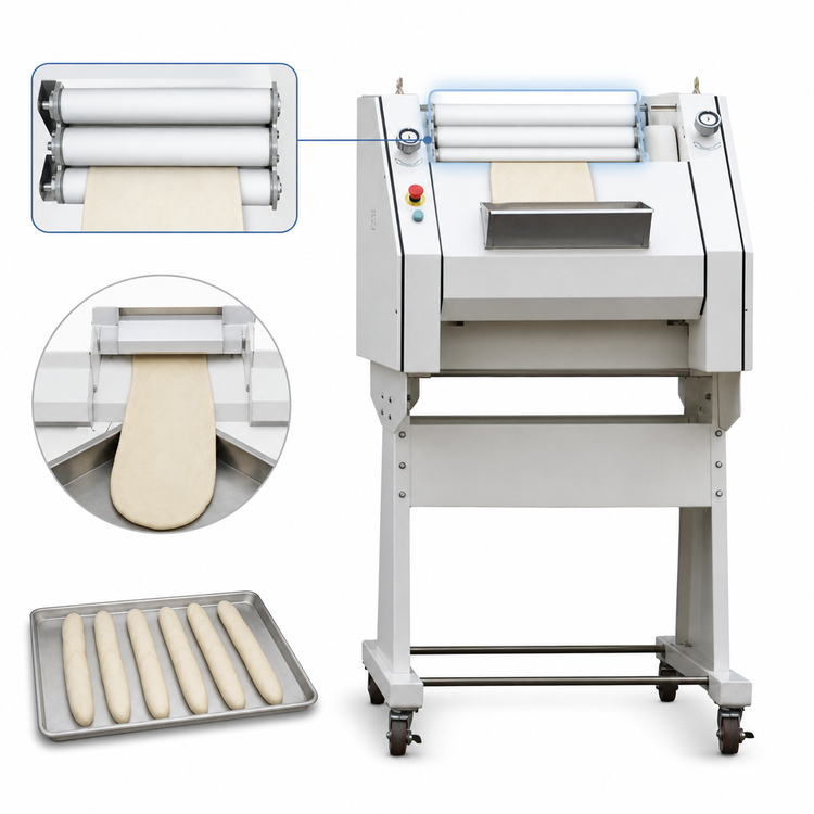 Product image #5 for BakeMax French Bread Dough Moulder, Floor Model with Stand and Casters, 50 to 1000 Gram Range, 3,000 Pieces/Hour