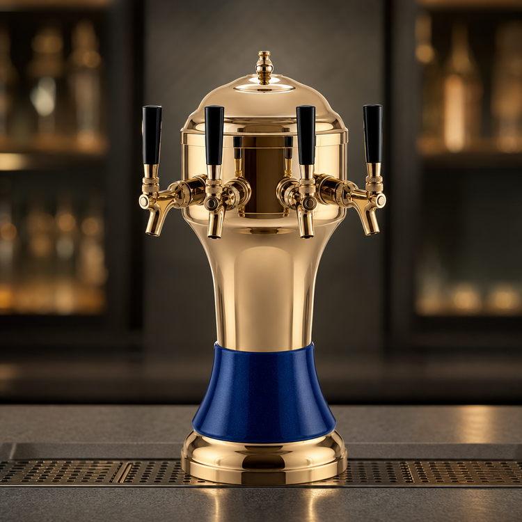 Product image #4 for Perlick Roma Countertop Glycol-Cooled 4-Faucet Draft Beer Tower with Gold-Tone Brass Body and Blue Ceramic Skirt