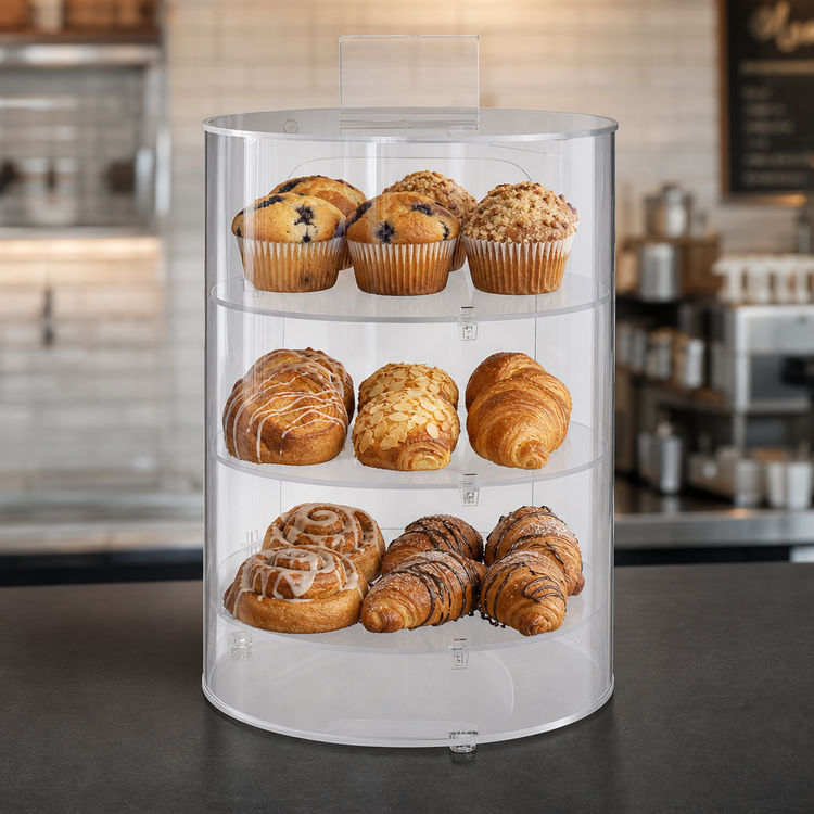 Product image #4 for Antunes Cylindrical Countertop Pastry Display Case with Acrylic Panels, 3-Tier, 12-Item Capacity