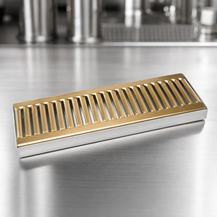 Product image #4 for Micro Matic Surface Mount Drip Tray Trough, 12" W x 5" D, Stainless Steel with Louvered PVD Brass Screen, No Drain