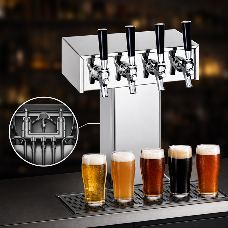 Product image #4 for Perlick 4006-20B Bridge Tee 20-Faucet Glycol-Cooled Countertop Draft Beer Tower, Stainless Steel