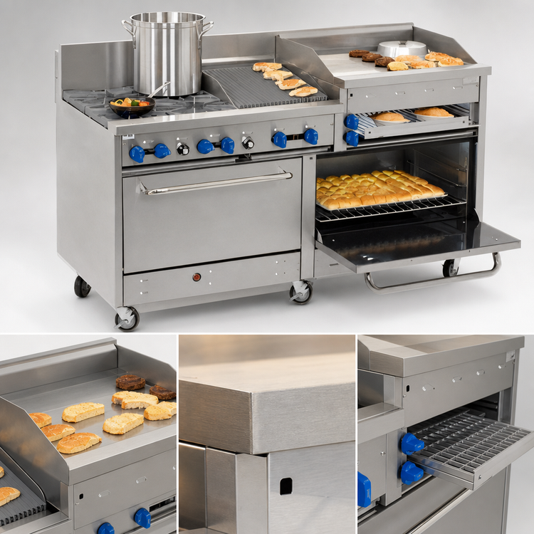 Product image #4 for Comstock-Castle 72-Inch Stainless Steel Commercial Gas Range with 8 Star Burners, 24-Inch Raised Griddle and 2 Extra-Wide Ovens