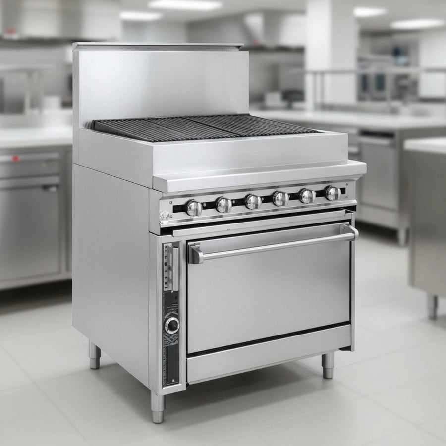 Showcasing its robust all stainless steel exterior, this charbroiler offers superior corrosion resistance and a pristine professional appearance.