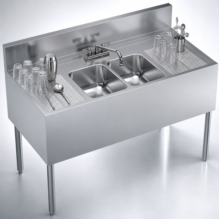 Product image #4 for Krowne Royal Series Two-Compartment Underbar Sink Unit with Dual Drainboards and Deck-Mount Faucet, 48 x 24 Inches