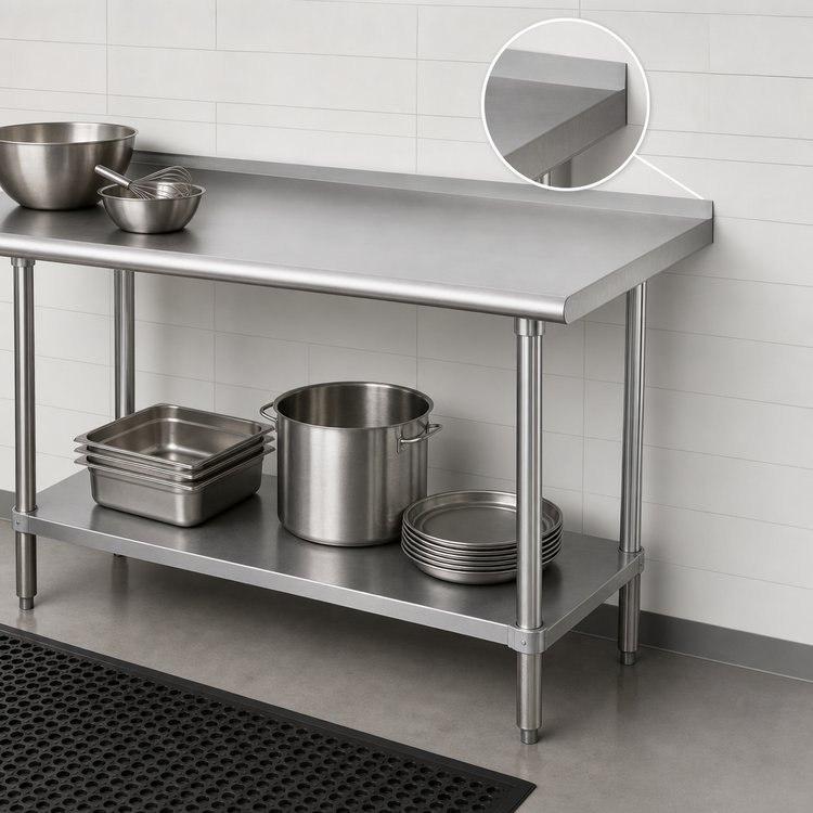 Product image #4 for Advance Tabco Special Value Series 84 Inch x 30 Inch 16 Gauge 430 Stainless Steel Work Table with 1-1/2 Inch Rear Backsplash and Adjustable Undershelf