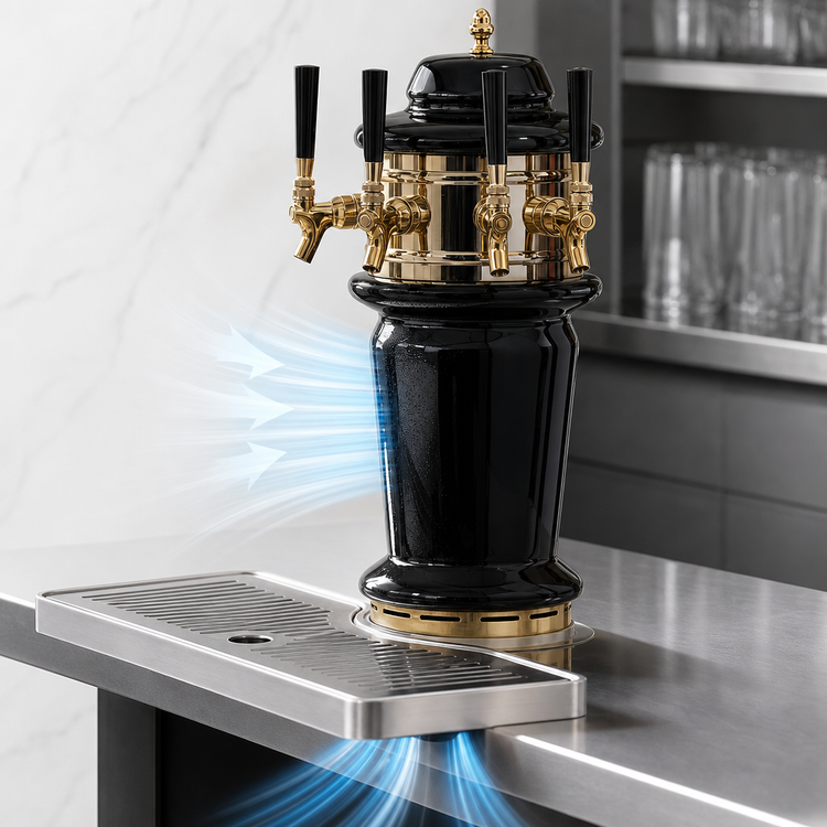 Product image #4 for Glastender Monaco 4-Faucet Air-Cooled Draft Dispensing Tower with Mirror Finish and Surface-Mount Drain Pan