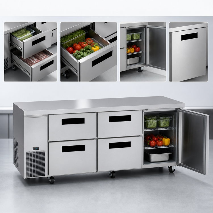 Product image #4 for Hoshizaki Steelheart ULR93B-D4 Three-Section Undercounter Refrigerator with 1 Solid Door and 4 Drawers, Side-Mounted Self-Contained Refrigeration