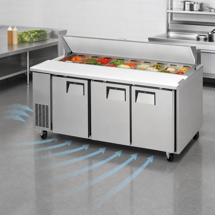 Product image #4 for Everest Refrigeration Three-Section Sandwich Prep Table, 71-1/8 Inch Wide, 21 Cubic Feet, Self-Contained Side-Mounted Refrigeration