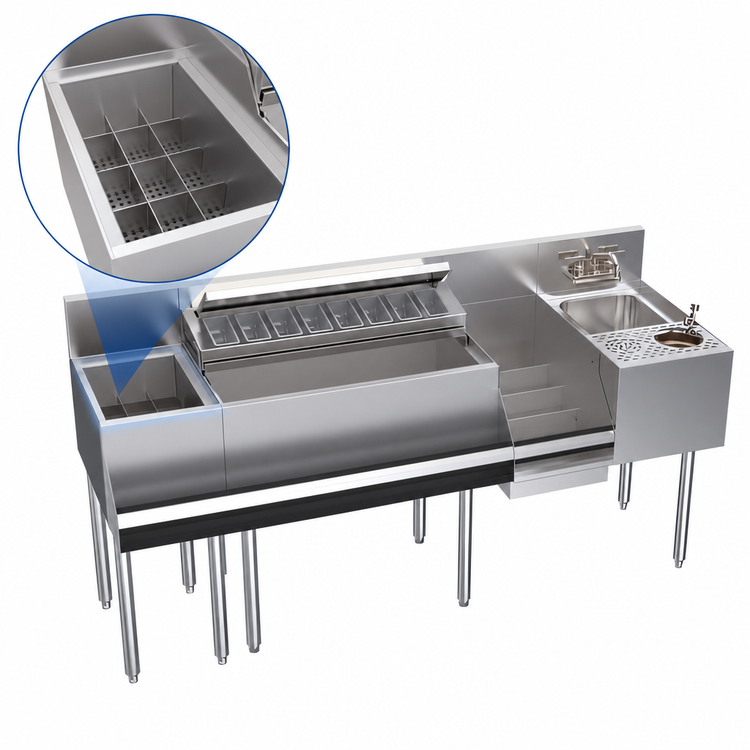 Product image #5 for Krowne Zero-Step Underbar Beverage Workstation, 68-Inch Wide x 24-Inch Deep, with 30-Inch Ice Bin, Dump Sink, Glass Rinser, and Speedrail