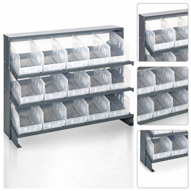 Product image #4 for Quantum Sloped Bench-Style Pick Rack, 36 Inches Wide, 3 Shelves, 15 Clear Bins Included