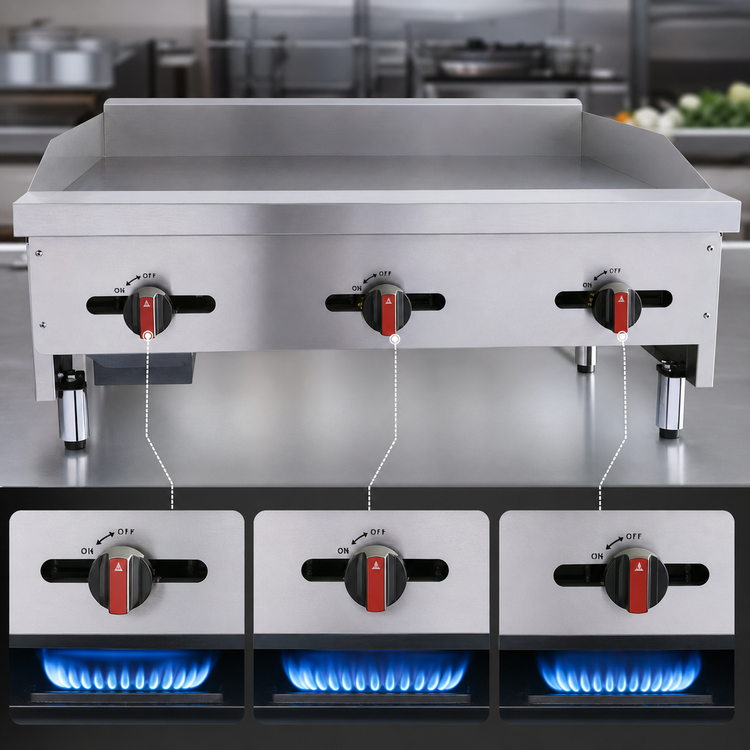 Product image #4 for BakeMax 36-Inch Heavy Duty Natural Gas Countertop Manual Griddle, 3 Burners