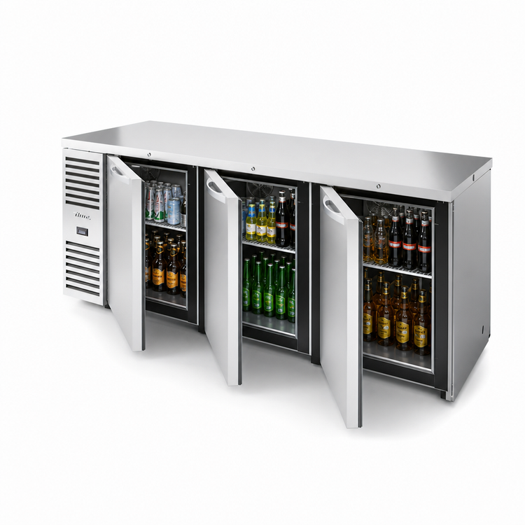 Product image #4 for True Premier Bar Stainless Steel Pass-Thru Three-Section Back Bar Cooler with 6 Solid Locking Doors, 84-Inch, Side-Mounted Self-Contained Refrigeration