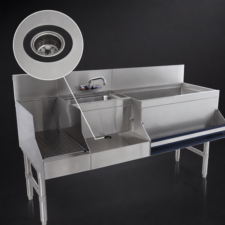 Product image #4 for Advance Tabco Prestige Uni-Serv 60-Inch Stainless Steel Speed Bar with Right Ice Bin, Sink, Blender Station, and Speed Rail
