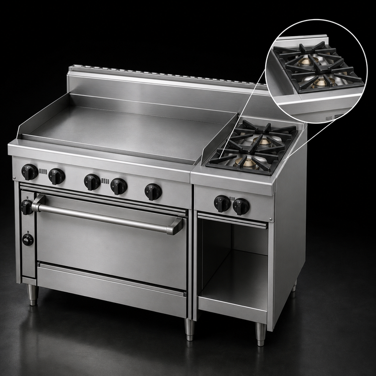 Product image #4 for Jade Bistro 48-Inch Shallow Depth Gas Restaurant Range with Left 36-Inch Griddle, Right 2 Open Burners, and Cabinet Base