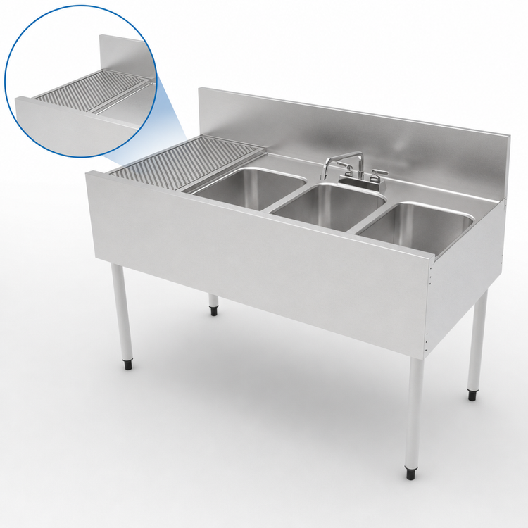 Product image #5 for 48-Inch Three-Compartment Stainless Steel Underbar Multi-Tank Sink Unit with Left Drainboard and Backsplash