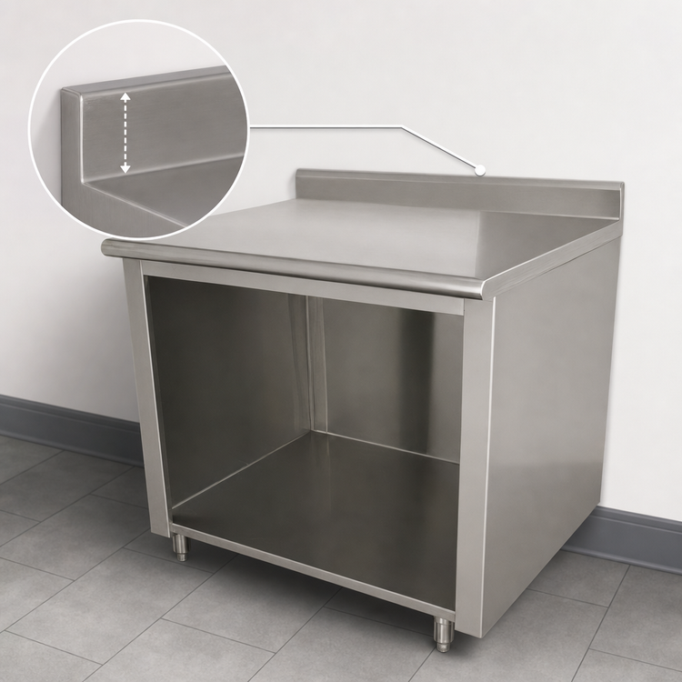 Product image #4 for Advance Tabco 108-Inch Stainless Steel Underbar Work Table with Open Front Cabinet Base, 14-Gauge 304 Top, and 5-Inch Backsplash