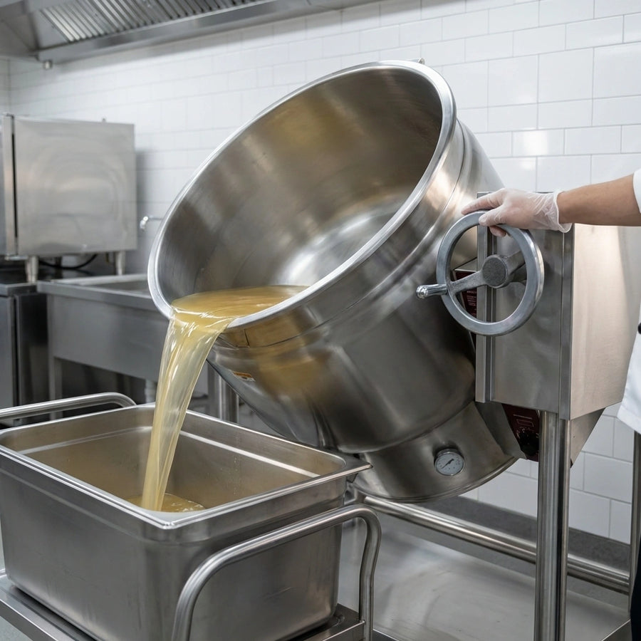 Effortlessly pour and secure contents with the steam kettle's precise crank tilt and self-locking positive stop mechanism.