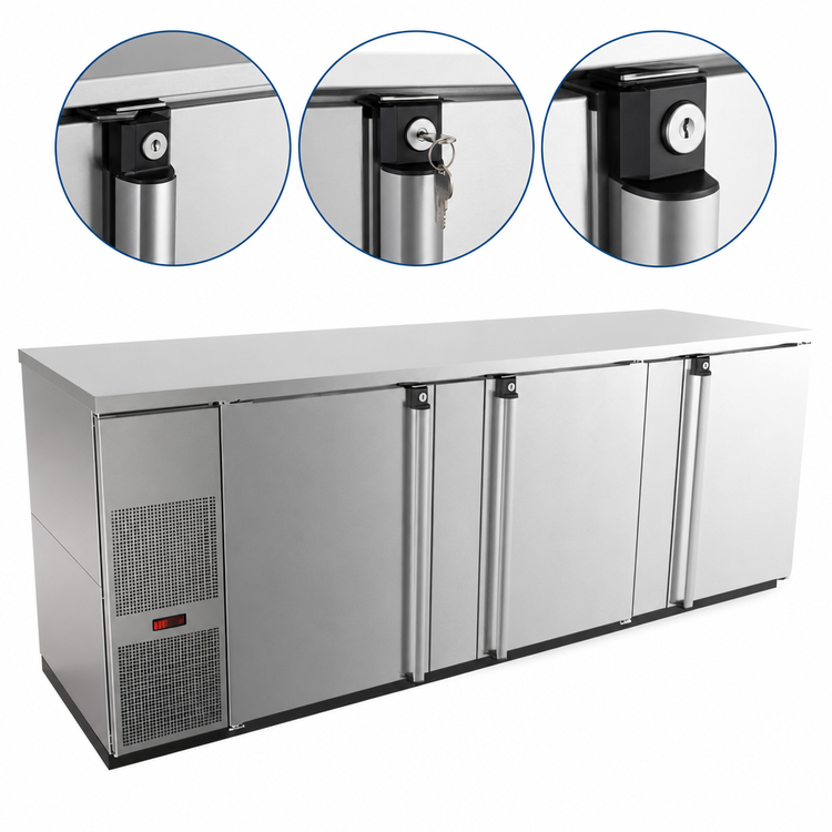 Product image #4 for Pro-Line E-Series Three-Section Refrigerated Back Bar Cooler, 95-1/2 Inch Wide, Self-Contained, Solid Doors