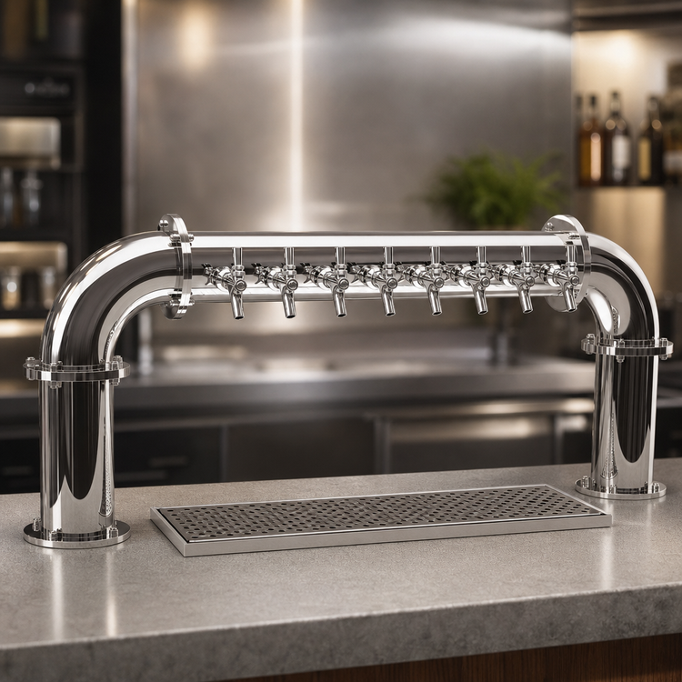 Product image #4 for Pipe Pass-Thru Countertop Draft Dispensing Tower with 8 Stainless Steel Faucets, Air-Cooled, 2 Columns, Mirror Finish