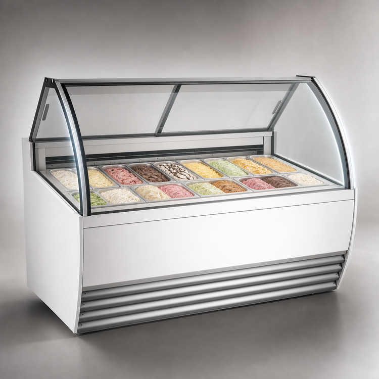 Product image #4 for Omcan White Gelato Display Showcase, 13 Pan Capacity, Curved Front Glass, 69-1/2 Inch Wide