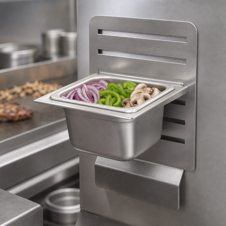 Product image #4 for BK Resources GrillCook Pro 8.5 Inch Wide Stainless Steel Upright Prep Shelf Stand with 1/6 Pan Holder
