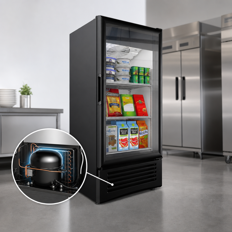 Product image #4 for Omcan Elite Series 8.9 Cu. Ft. One-Section Reach-In Glass Door Refrigerated Display Merchandiser