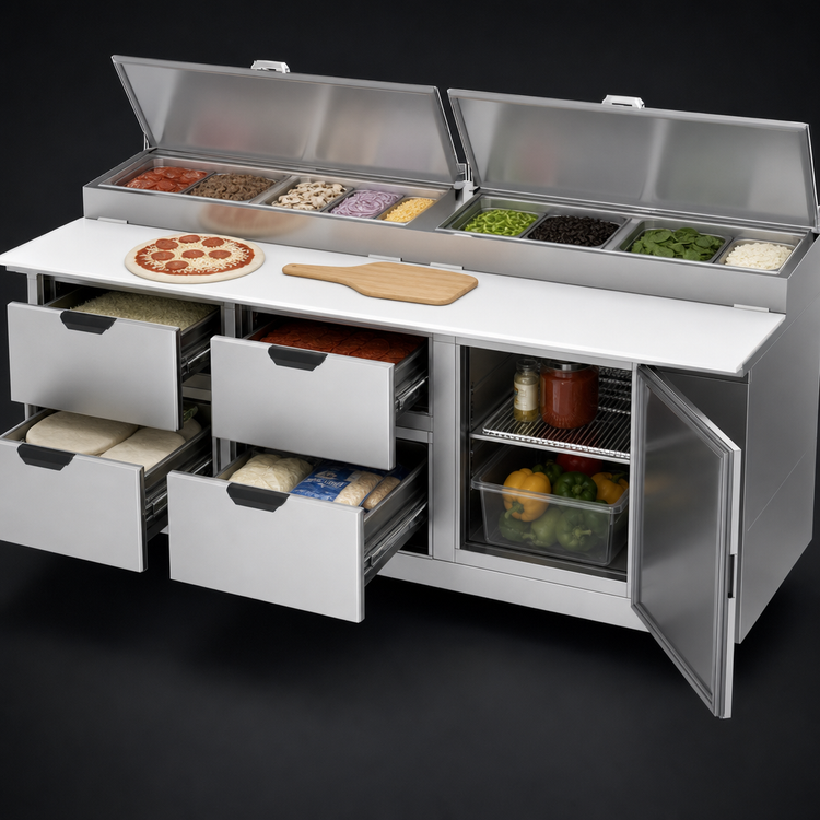 Product image #4 for Beverage-Air Three-Section Refrigerated Pizza Prep Table with 4 Drawers, 1 Door and 19-Inch Cutting Board