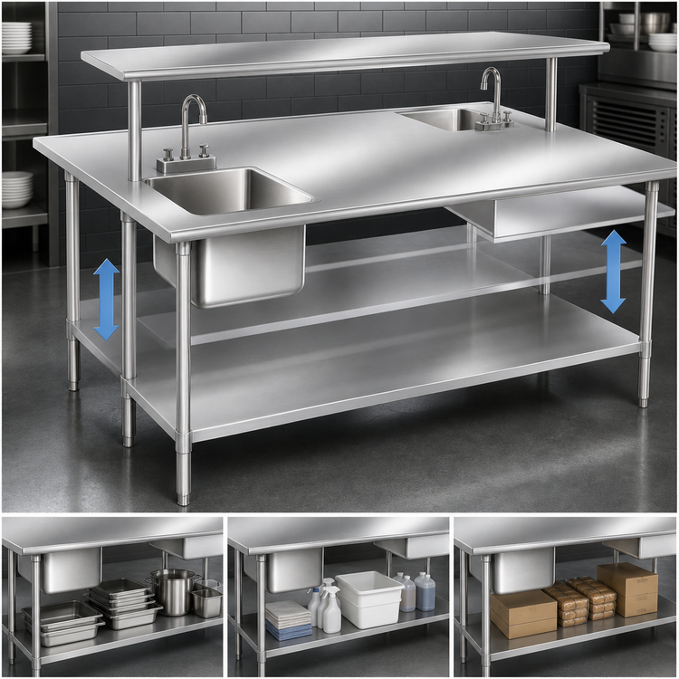 Product image #4 for Advance Tabco 144-Inch x 48-Inch 14-Gauge 304 Stainless Steel Flat Top Work Table with Adjustable Undershelf