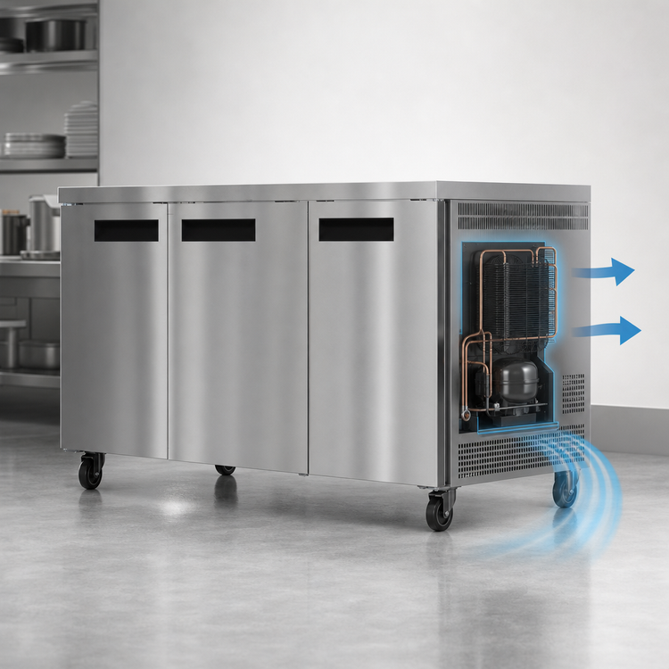 Product image #5 for 72-Inch Three-Section Undercounter Reach-In Refrigerator with Solid Stainless Steel Doors