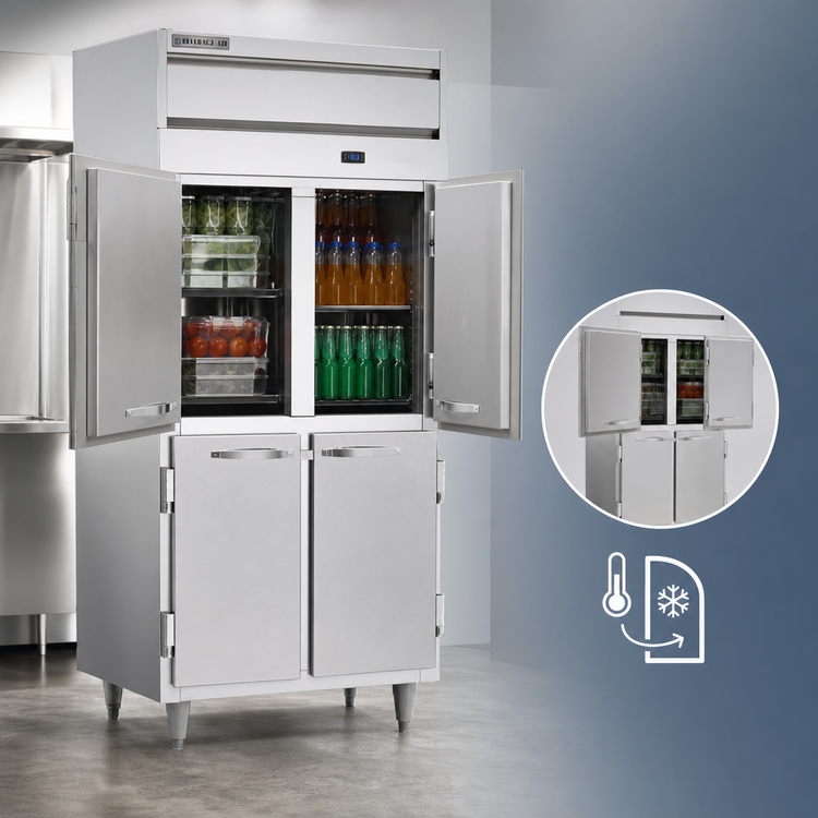 Product image #4 for Beverage-Air P Series 1-Section Standard-Depth Pass-Thru Freezer with 4 Solid Half Doors, 22.9 Cu. Ft., Top-Mounted Self-Contained Refrigeration